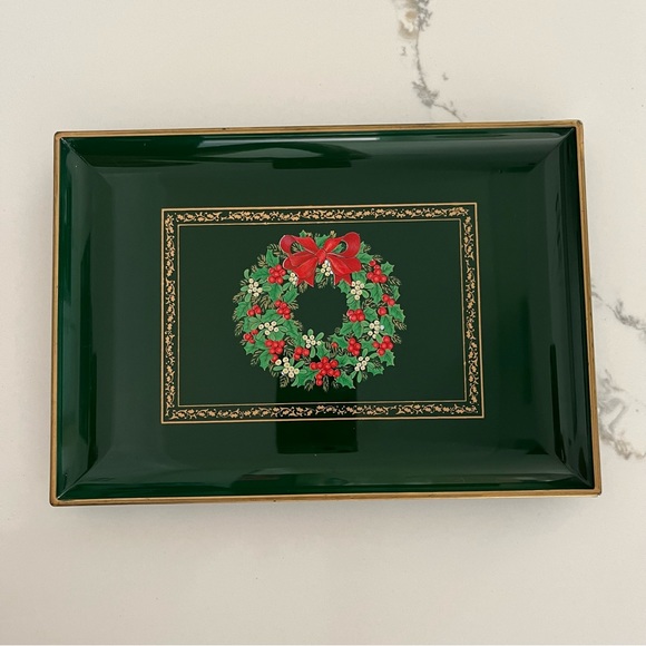 $10 Otagiri Japan Christmas Wreath Green Lacquer Tray Serving  VTG Lacquerware - Picture 1 of 5